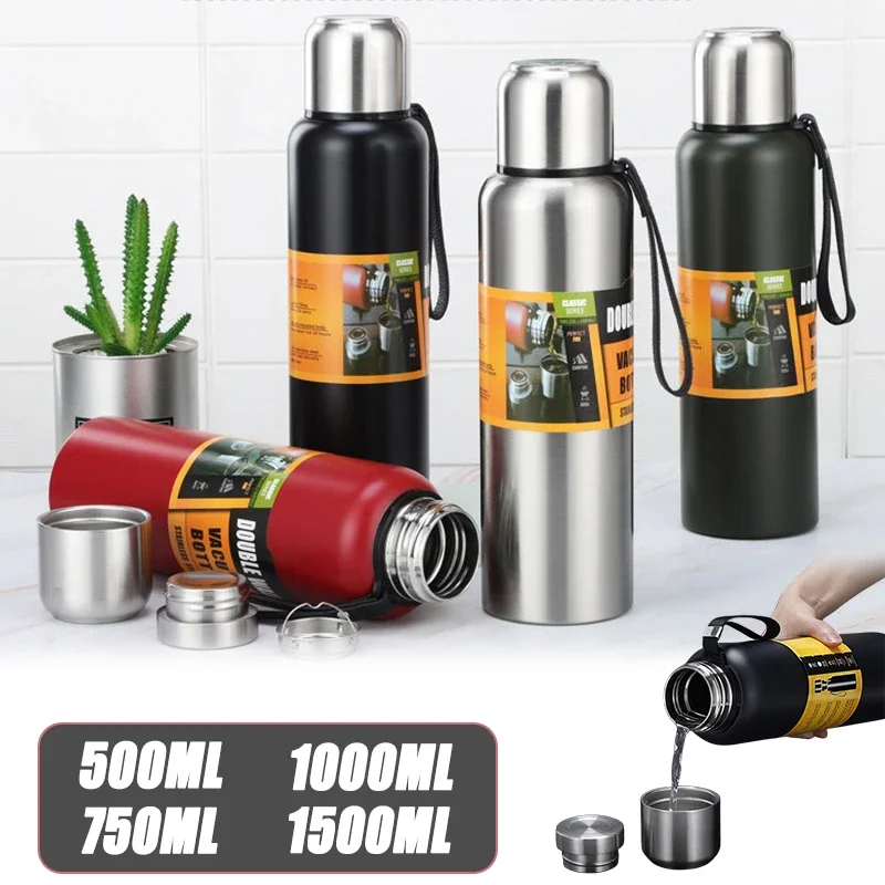 500/700/1000 ml Edelstahl-Thermos flasche tragbarer Großraum-Bergsteiger-Wasserkocher mit Seil wasser becher Image