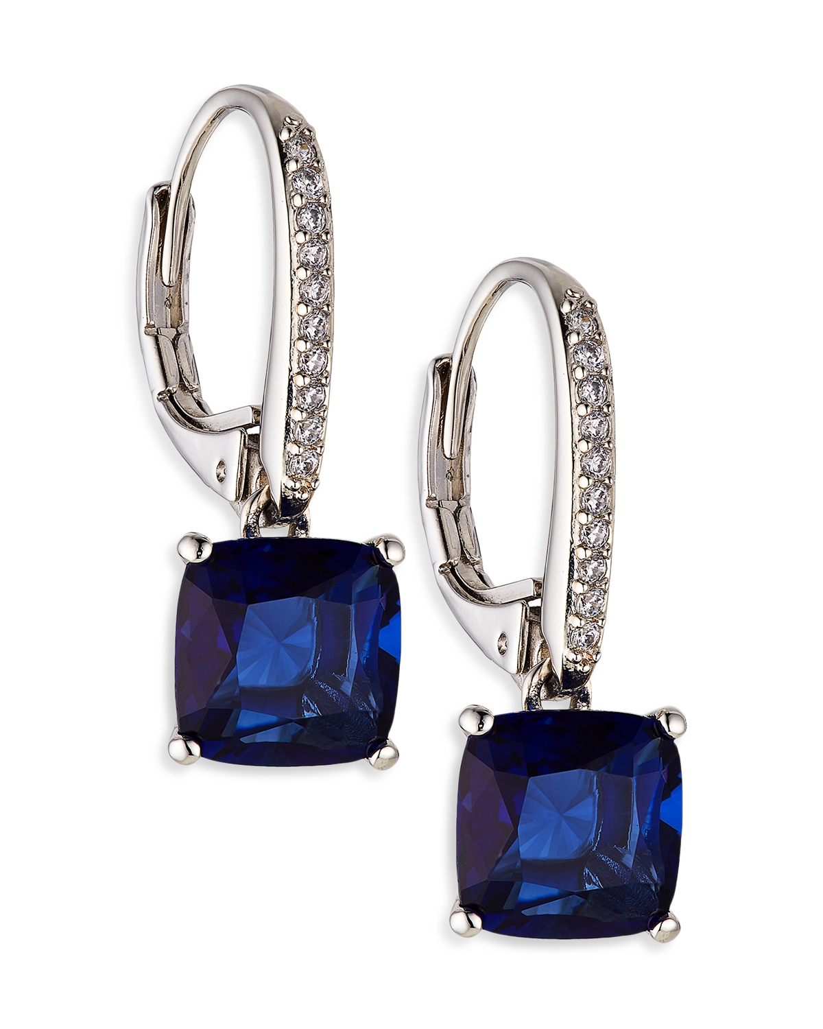 Nadri Modern Love Blue Cubic Zirconia Square Drop Earrings in Rhodium Plated - Dark Blue/Silver
