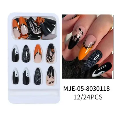 24Pcs Holloween Fake Nails Acrylic False Stickers Decals DIY Art Tools Pumpkin Designs Long Coffin