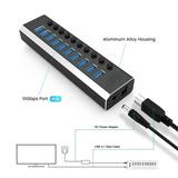 FPWNGL USB 10 Port Hub 3.2 Gen 2 Expander Splitter 10Gbps 36W Power Adapter Aluminum for PC Laptop