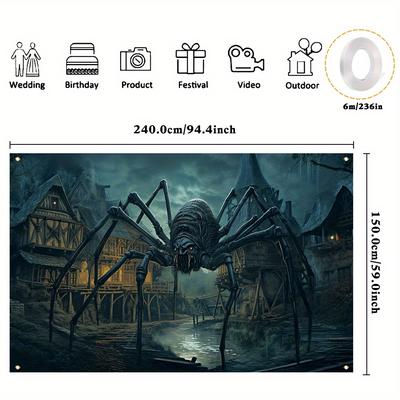 TEMU 1pcs, Polyester Decorative Banner, Giant Spider Photography Backdrop, Happy Horror Thriller Party Photo Booth Supplies, 4 Corner Drilled Holes, Easy To Hang Indoor And Outdoor