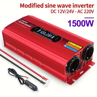 TEMU Voltage Converter 12v/24v Universal 230v 1500w/3000w Inverter Power Supply Converter With 4 Fuses, Lcd Screen, 2 Eu Sockets, Fan And 5v Usb Port Image