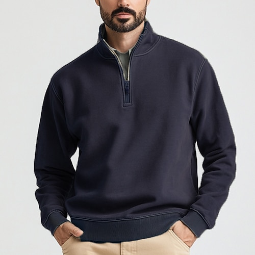 Herren Sweatshirt Pullover Polarvlies Sweatshirt mit Viertelreißverschluss Schwarz Marineblau Kamel Hellgrau Dunkelgray Troyer Halber Reißverschluss Glatt Sport Natur Täglich Festtage Strassenmode Image