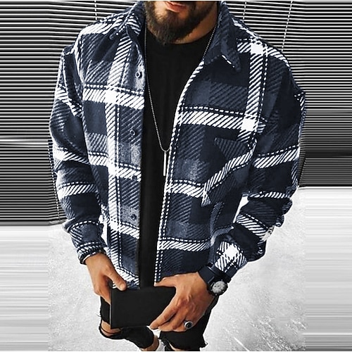 Herren Rautenmuster Hemd Flanellhemd Overshirt Langarm Hemd Umlegekragen Outdoor Straße Blau Schwarz / Weiß weiß grau SchwarzRotDunkelgrau Gelb Bekleidung Mode Lässig Bequem Image