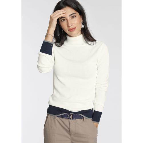 Rollkragenpullover AJC Gr. 44/46 (L), bunt (offwhite-marine) Damen Pullover mit Farbkontrasten