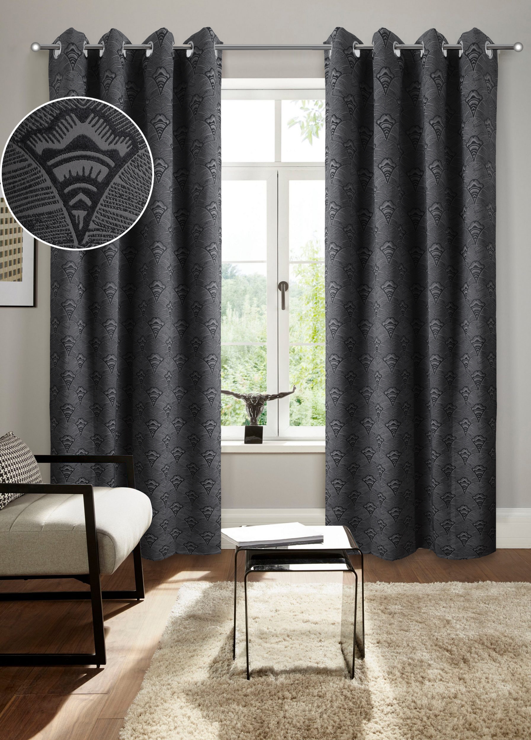 Verdunkelungsvorhang BRUNO BANANI "Alessio" Gr. 1, grau (anthrazit), B:130cm H:145cm, Polyester, Gardinen, Elegantes Muster, Jacquard, verdunkelnder Vorhang, blickdicht, modern Image