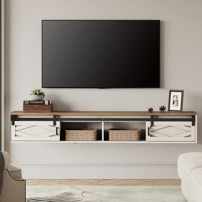WAMPAT Floating TV Stand for TVs up to 80 Inch, Wood Floating Entertainment Center with Sliding Barn Door
