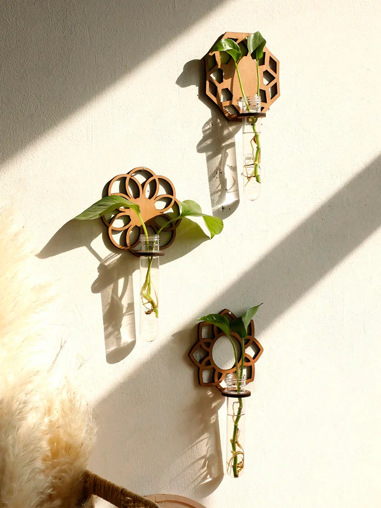 Wandpflanzgefäße für Zimmerpflanzen, Pflanzenwandbehang, Vermehrungsstation mit Holzständer, Kunststoff-Reagenzgläser, abgestufte Pflanzgefäße, Geschenk Image