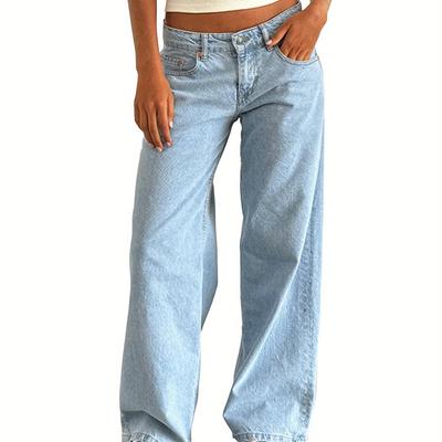 TEMU Women Jeans, Low Waist Zipper Button Solid Trousers With Pockets For Daily Streetwear