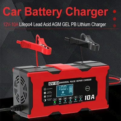 12V 10A Car Battery Charger Pulse Repair Smart Charger For Lifepo4 Lead Acid AGM GEL PB Lithium Battery Car Charger LCD Display
