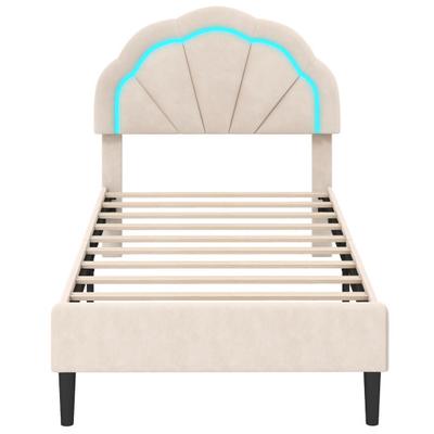 Costway Upholstered LED Bed Frame with Adjustable Flower Headboard and Metal Support Feet-Twin Size