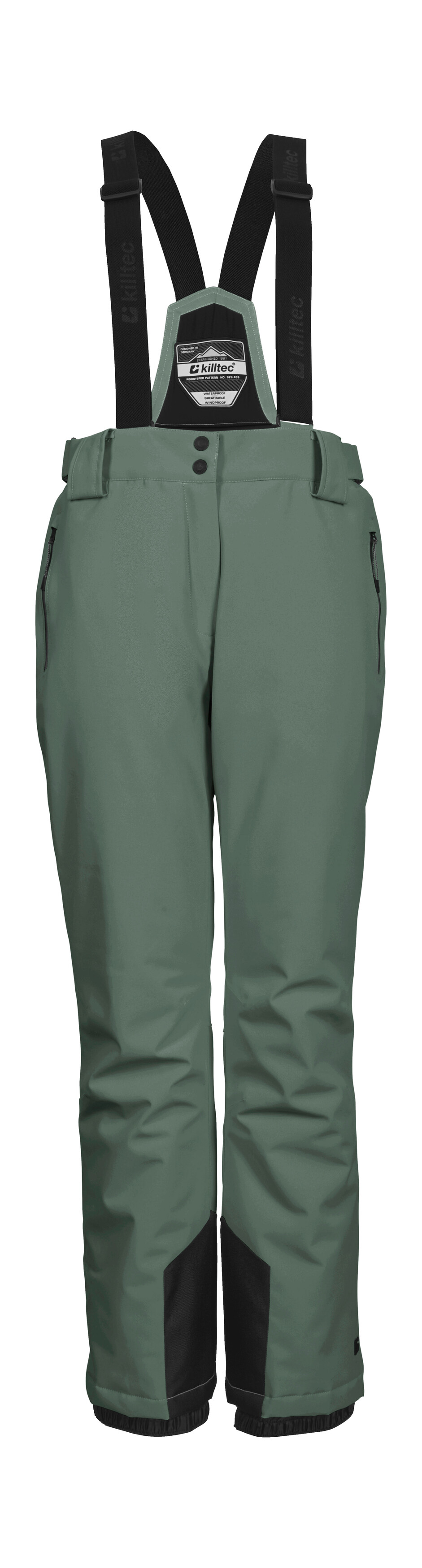 Skihose KILLTEC "KSW 249 WMN SKI PNTS", Damen, Gr. 40, Normalgrößen, grau (graugrün), Oberstoff: 100% Polyester, Futter: 100% Polyester, Wattierung: 100% Polyester, Sportlich, Hosen, Wasser- und winddicht, abnehmbare Träger, verstellbare Taille Image