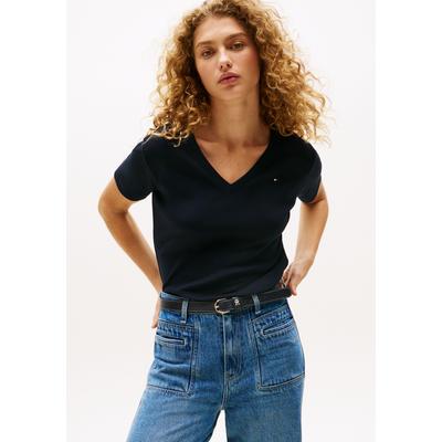 T-Shirt TOMMY HILFIGER "CODY, Slim Fit", Damen, Gr. L, blau (nos desert sky), Jersey, Obermaterial: 100% Baumwolle, unifarben, casual, schmal hüftlang, tiefer V-Ausschnitt, Kurzarm abgesteppt, Shirts, mit V-Ausschnitt Image