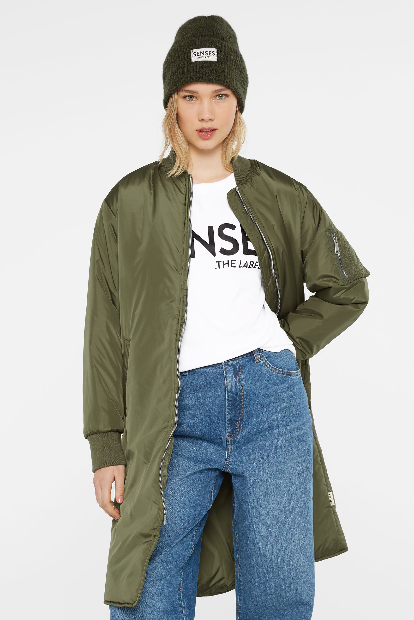 Langjacke SENSES.THE LABEL, Damen, Gr. XXL, grün (natural khaki), Material: 100% Polyester, Futter: 100% Polyester, Füllung: 100% Polyester, unifarben, casual, regular fit lang, eingesetzt Rippbündchen, Jacken, mit Two-Way-Zipper Image