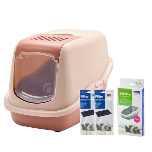 Starterset: Savic Katzentoilette Nestor Toilette champagner rosa/toskana rot + 2 extra Filter +...