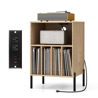 Gymax Record Player Stand w/Charging Station 5 Storage Compartments