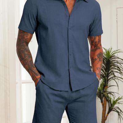 TEMU 2pcs Men's Solid Color Short Sleeve Lapel Shirt + Shorts Co-ord Set, Casual Comfy Outdoor Summer Cotton Set As Gift