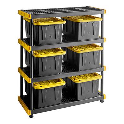 Tough Shelf 48" x 20" x 55 1/4" Black / Yellow Plastic Grid Top 4-Shelf System with 6 Tough Box 17 Gallon Black Storage Totes with Yellow Lids