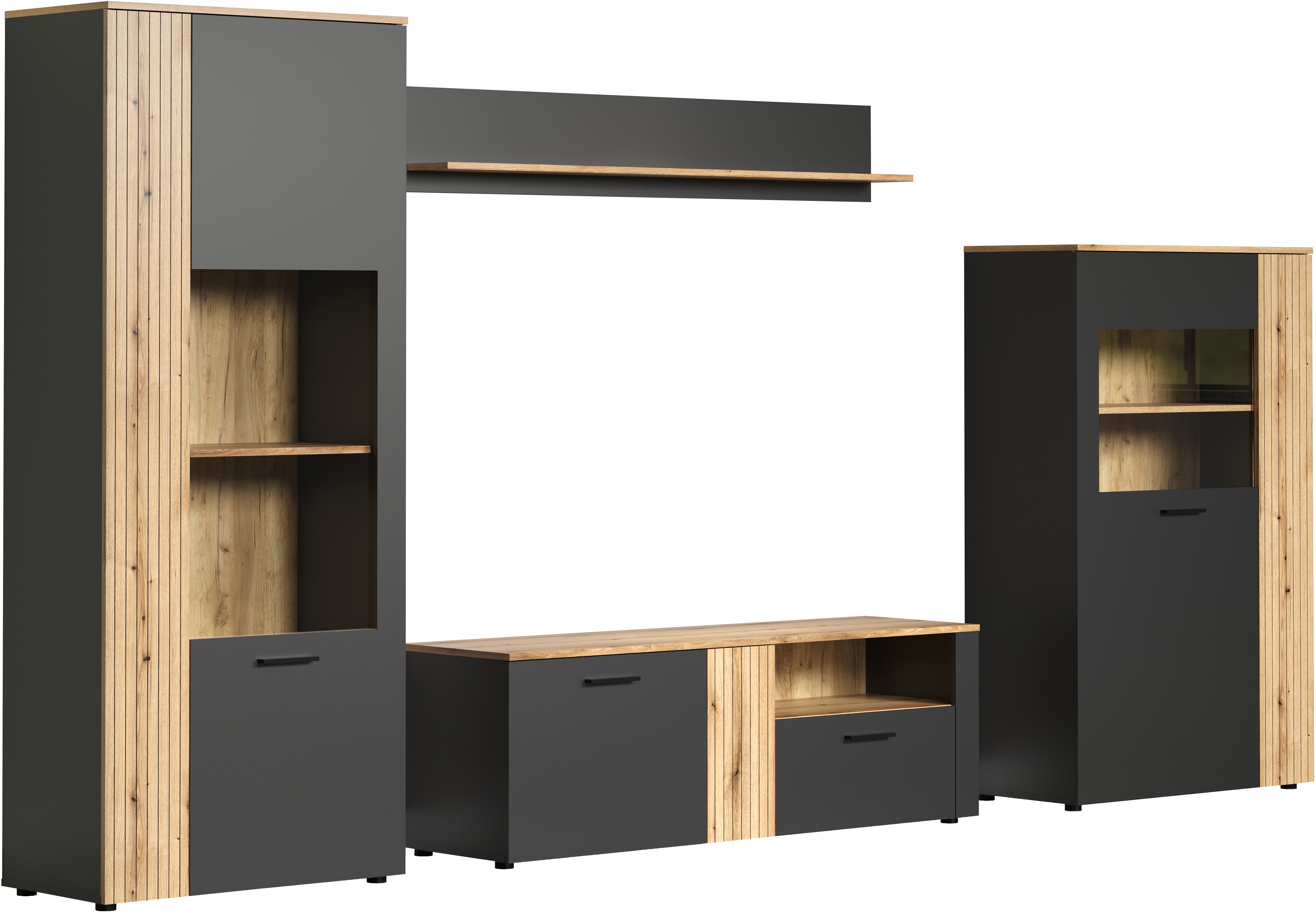 Wohnwand INOSIGN "Estepona", schwarz (anthrazit und eichefarben), B:340cm H:195cm T:42cm, Glas, Holzwerkstoff, Kunststoff, Kastenmöbel-Sets, Wohnwand, Wohnzimmermöbel mit Rillenoptik - (B/T/H): 340/42/195 cm