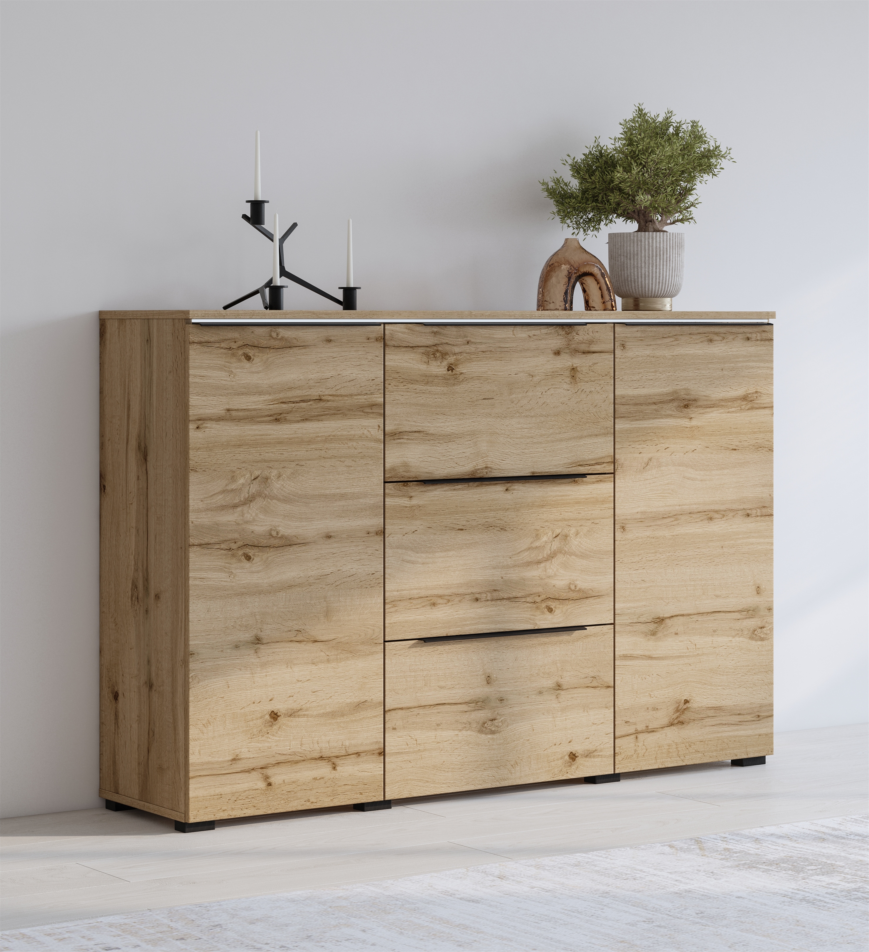Sideboard INOSIGN "Tana, Breite 132 cm, moderne Kommode 3 SK,2 Trg", braun (wotan eiche), B:132cm H:91cm T:35cm, FSC-zertifizierter Holzwerkstoff, Glas, Kunststoff, Melamin, Metall, Sideboards, Sideboard, Schubladenschrank,Anrichte mit viel...