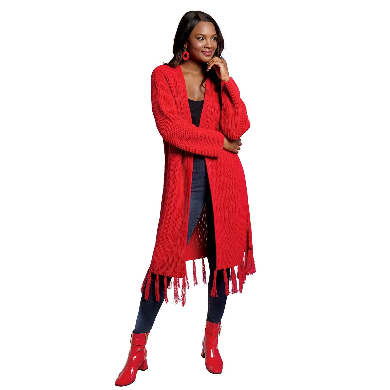 Masseys Cozy Fringe Duster Sweater (Size 1X) Red, Acrylic