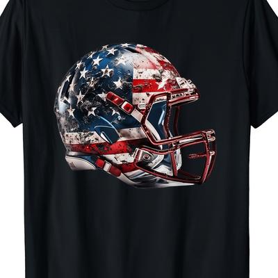 TEMU Usa Flag Graphic Men's Short Sleeve T-shirt - Comfortable, Breathable, Moisture-wicking Fabric - American Football Helmet Design, Perfect For , Casual Wear, Outdoor Activities220g