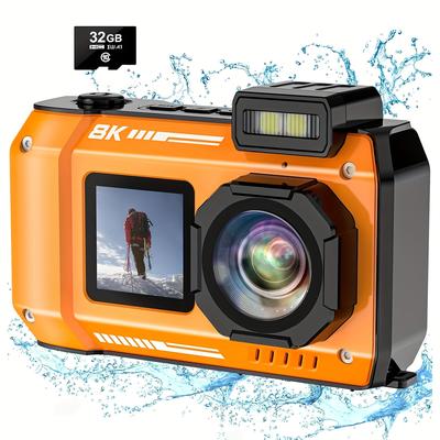 TEMU 8k 70mp Uhd 33ft Digital Camera Waterproof Camera Dual-screen Selfie Underwater Photograph Camera With 32gb Card