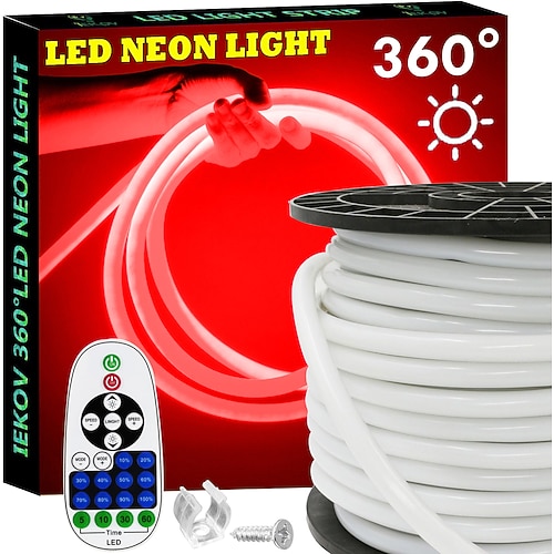 Wasserdichte LED-Lichtstreifen, 360°, rund, Neonlicht, 5–30 m/16–100 Fuß, flexibles und dimmbares LED-Lichterseil mit Fernbedienung, Multimodus-Idee, AC220 V, EU-UK-AU-Stecker Image