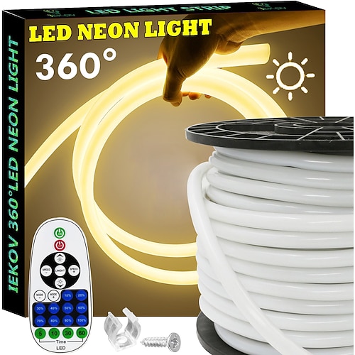 Wasserdichte LED-Lichtstreifen, 360°, rund, Neonlicht, 5–30 m/16–100 Fuß, flexibles und dimmbares LED-Lichterseil mit Fernbedienung, Multimodus-Idee, AC220 V, EU-UK-AU-Stecker Image