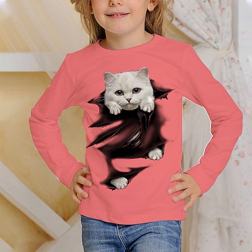 Mädchen 3D Grafik Tiermotiv Katze T-Shirt Langarm Frühling Herbst Mode Basic Kinder 4-12 Jahre Rundhalsausschnitt Outdoor Lässig Täglich Normale Passform Image