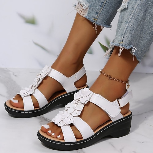 Damen Sandalen Sandalen mit Keilabsatz Komfort Schuhe Outdoor Täglich Strand Feste Farbe Blumen Einfarbig Sommer Blume Keilabsatz Offene Spitze Klassisch Brautkleider schlicht PU Leder Polyester Image