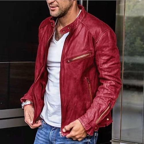 Herren Lederjacke Kunstlederjacke Motorrad Jacke Rote Lederjacke Motorradjacke Geschäft Normal warm Regendicht Dunkelbraun Schwarz Weinrot Braun Jacken