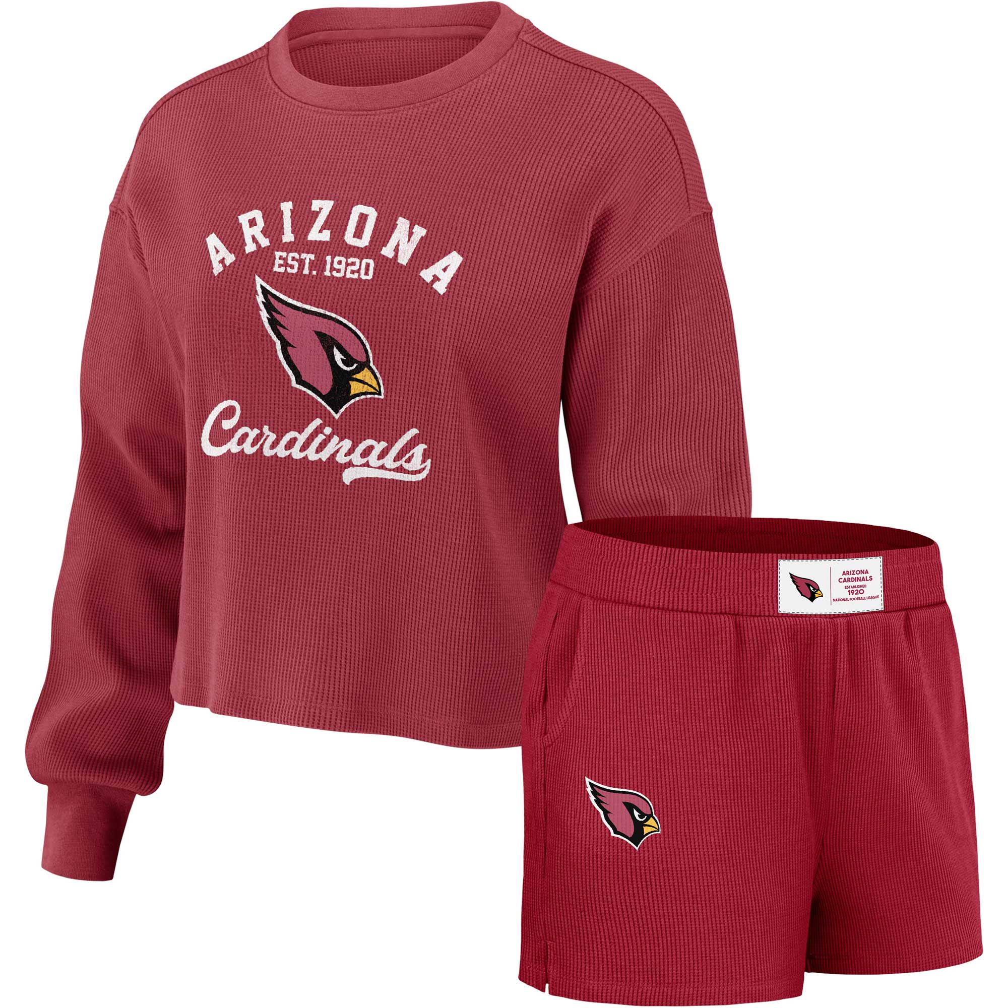 Damen WEAR by Erin Andrews Cardinal Arizona Cardinals Lounge-Set aus langärmligem T-Shirt und Shorts im Waffelstrick Image