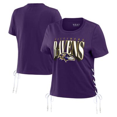 Damen WEAR by Erin Andrews Lila Baltimore Ravens Bescheidenes kurzes T-Shirt mit seitlicher Schnürung Image