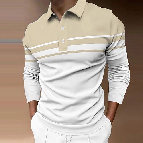 Herren Poloshirt Golfhemd Strasse Casual Polo-Kragen Klassisch Langarm Designer Basic Gestreift Knopf vorne Button-Down Frühling Herbst Regular Fit Schwarz Hellgrün Rosa Blau Khaki Hellgrau Image