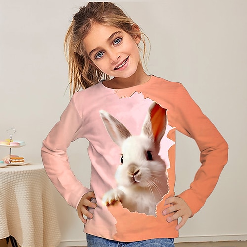 Ostern Mädchen 3D Grafik Tiermotiv Kaninchen T-Shirt Langarm Frühling Herbst Mode Basic Kinder 4-12 Jahre Rundhalsausschnitt Outdoor Lässig Täglich Normale Passform Image