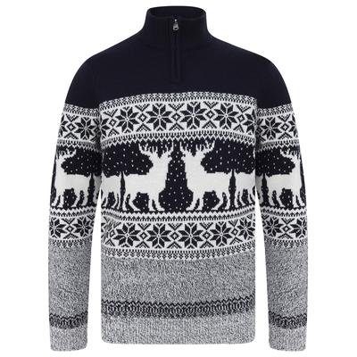 Jumpers Men's Gullfoss Nordic Fair Isle Jacquard Knit Jumper with Quarter Zip Funnel Neck in Ink - Merry Christmas / XXL - Tokyo Laundry