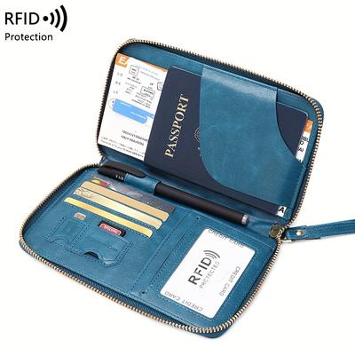 TEMU Miyin Rfid Blocking Passport Holder With Zipper & Wrist Strap – Brown Pu For Credit Cards, Airplane Tickets, And Ids – With Multiple Compartments For Image