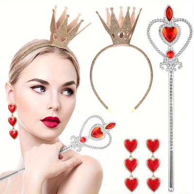 TEMU 4-piece Queen Cosplay Accessory Set - Party Style Plastic Crown Headband, Heart Scepter Wand & Dangle Earrings For Costume Dress-up