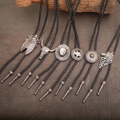 TEMU 6pcs Western Cowboy Bolo Tie Set - Antique Bronze Faux Leather Necklaces With Zinc Alloy Pendants For Men