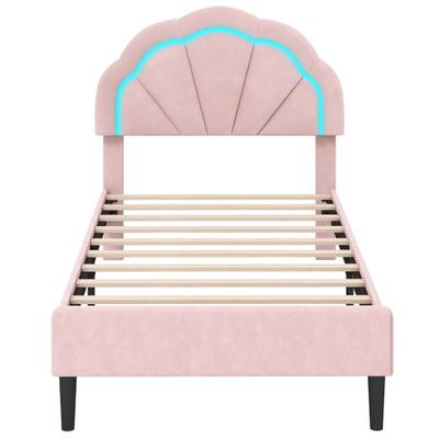 Costway Upholstered LED Bed Frame with Adjustable Flower Headboard and Metal Support Feet Pink-Twin Size