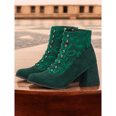 Women's Green Faux Suede Ankle Boots with Snap-Button, Lace Overlay and Side Zipper – Vintage-Inspired Design with Block Heel, Perfect for Elegant Outfits and Special Occasions