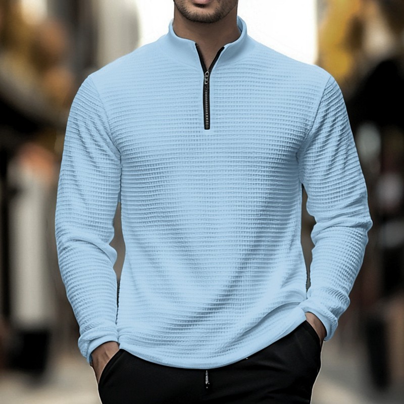 Men's Waffle Polo Shirts Waffle T Shirt Sports Outdoor Cycling Standing Collar Quarter Zip Long Sleeve Fashion Modern Solid Color Knitted Spring Fall Standard Fit Light Blue Black White Dark Grey