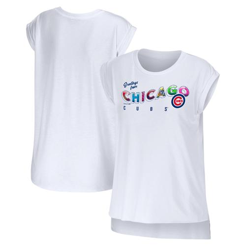 Damenbekleidung von Erin Andrews Weißes T-Shirt „Chicago Cubs Greetings From“.