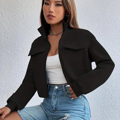 TEMU Zip Front Flap Pockets Jacket, Casual Turtleneck Crop Jacket For Fall, Women's Clothing Image