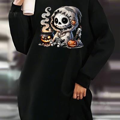 TEMU Women's Plus Size Graphic Sweatshirt Dress - Casual Knit Polyester Long Sleeve Round Neck Pullover With Fleece Lining For Fall/winter