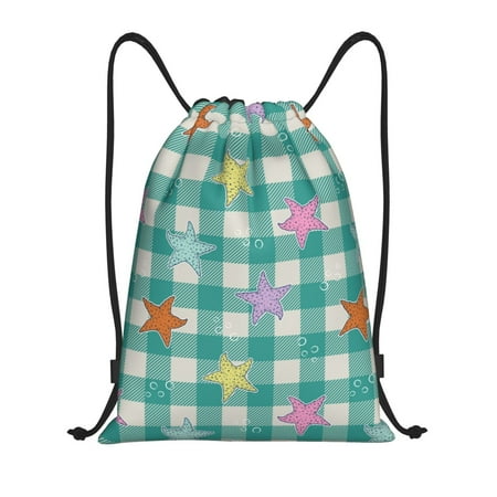 Kdxio Starfish On Checkered Background Print Drawstring Backpack Bag Waterproof Draw String Back Sack Gym Drawstring Bags Swim Bag For Unisex