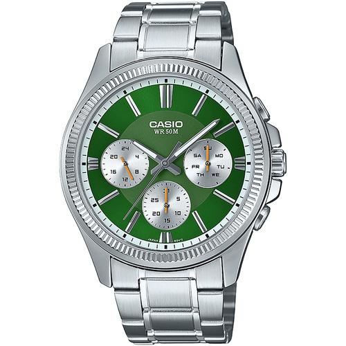 Quarzuhr CASIO TIMELESS COLLECTION Armbanduhren edelstahlfarben, grün Herren Armbanduhr, Herrenuhr, Edelstahlarmband, analog, Tag, Wochentag