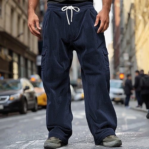 Herren Cargohose Cargohosen Cordhose Hose Hosen Schlabberhose Freizeithose Tasche Elastische Taille Gerade geschnitten Glatt Komfort Weich In voller Länge Outdoor Täglich Ausgehen Modisch Strassenmode Image