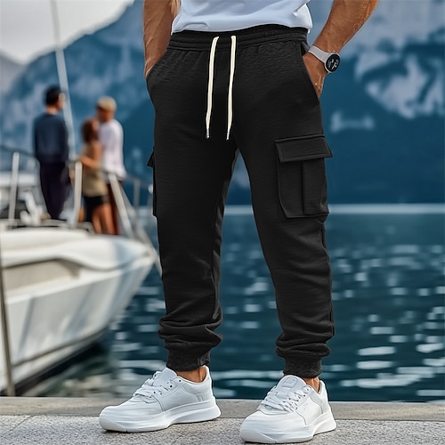 Herren Fleecehosen Jogginghose Trainingshose Jogginghose Jogger Hose Hosen Cargo-Jogginghose Kordelzug Elastische Taille Multi Pocket Glatt Komfort Warm In voller Länge Outdoor Casual Täglich Sport Image